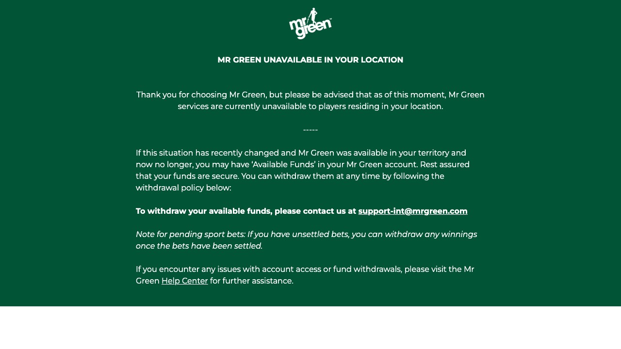 Mr Green casino homepage screenshot