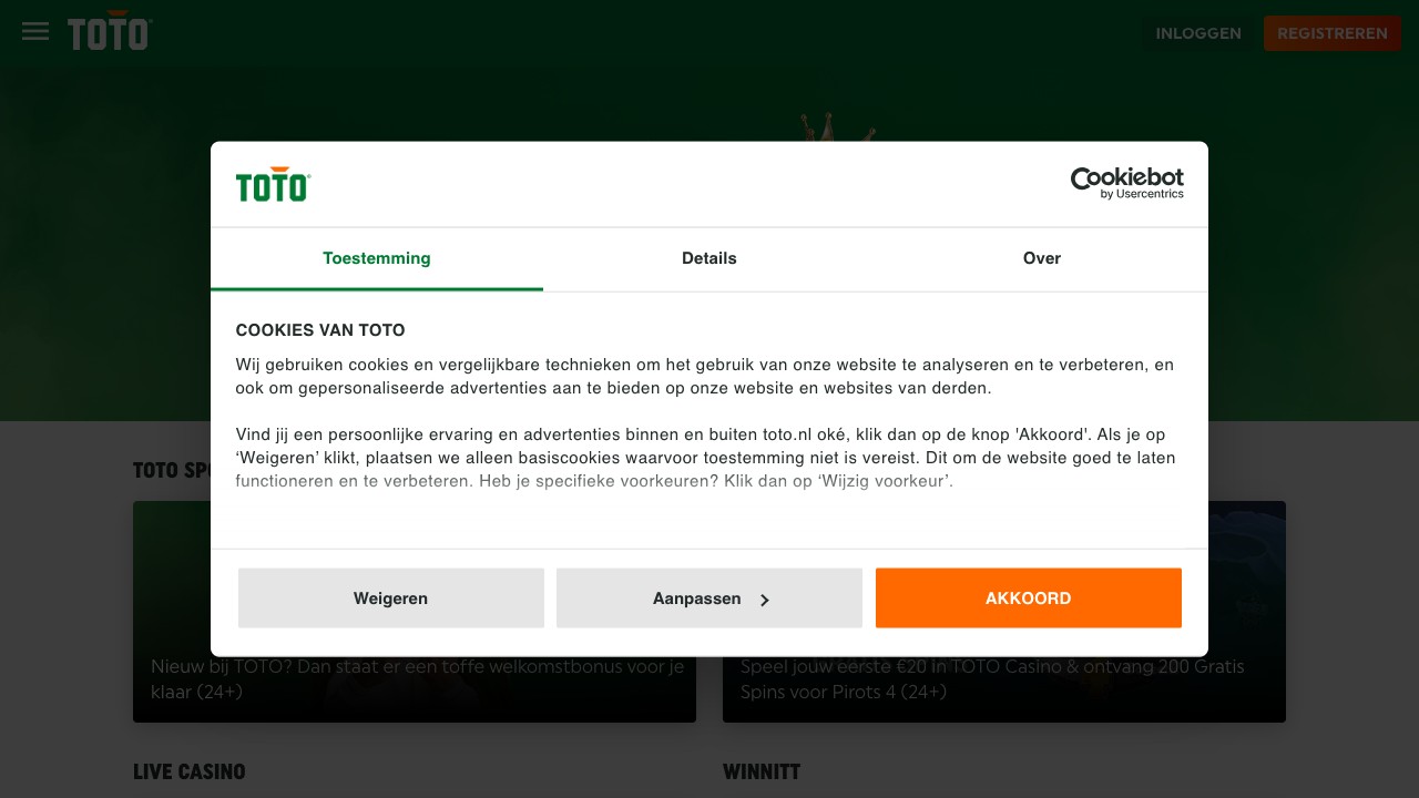 Toto Casino homepage screenshot